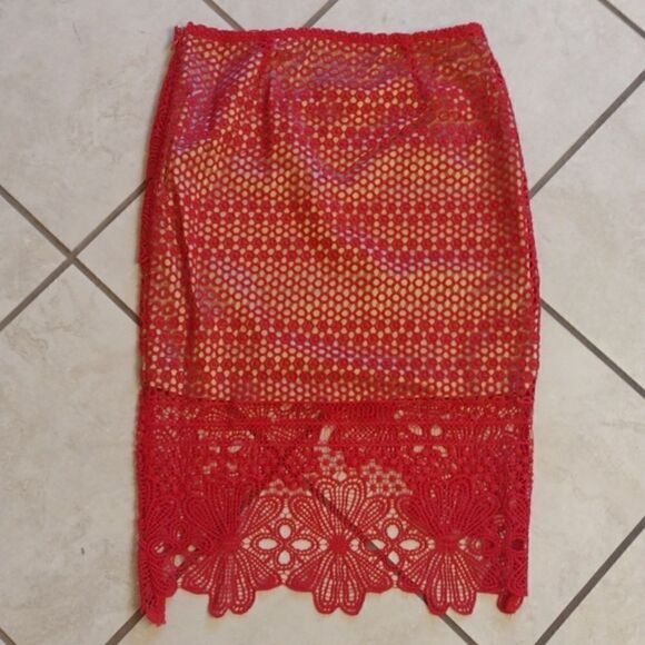 Sugar + Lips Red Lace Skirt tulip-hem Pencil Skirt miniskirt S Cute Sexy - Picture 10 of 14